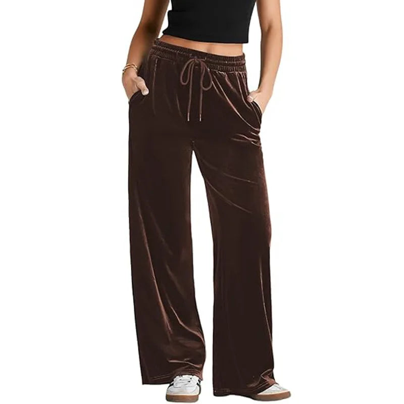 Women's High Waist Velvet Wide Leg Pants Drawstring Elastic Waist Loose Casual Trousers Autumn Winter Solid Color Long Pants B