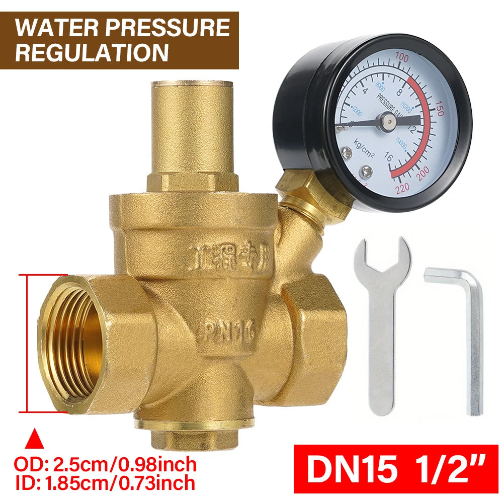 Water Pressure Regulator Brass Pressure Regulator DN20/15 Brass Adjustable Water Pressure Regulator Reducer with Gauge Meter