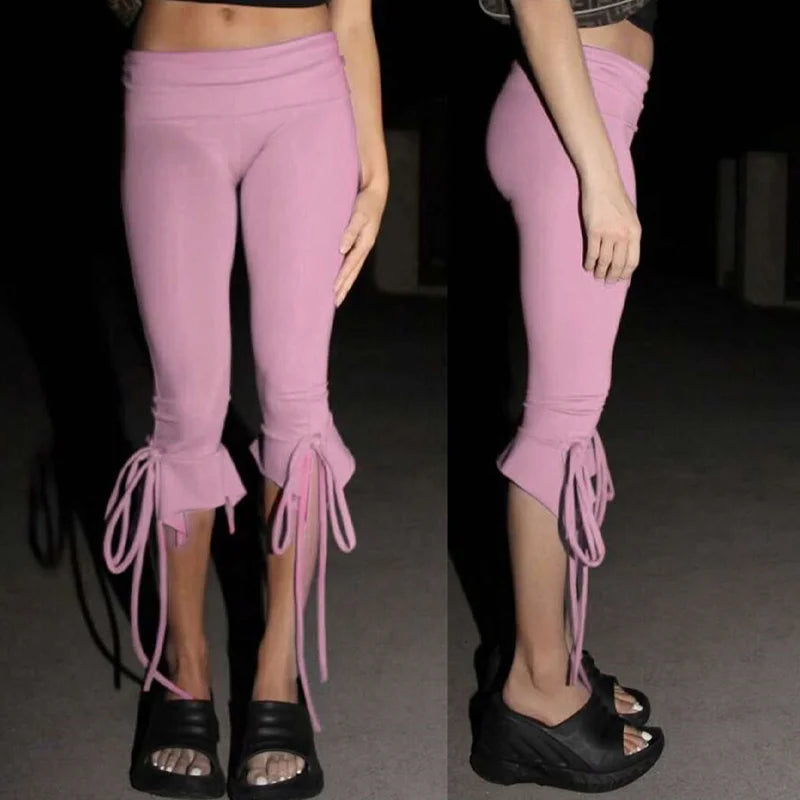 Women Black Slim Mid Waist Capri Pants Drawstring Ruffle Hem Casual Streetwear Summer Lounge Daily Going Out Comfy Wear