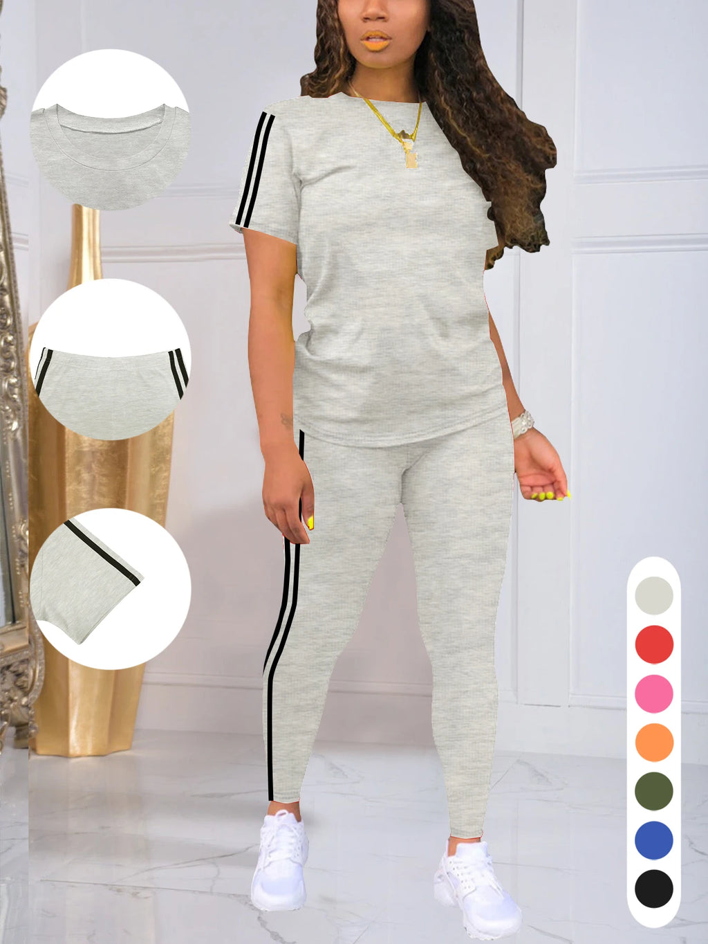 Women's Side-Striped Summer Sportswear Set Short Sleeve Long Pants Breathable Base Layer Clothing Colorful Casual Outfit