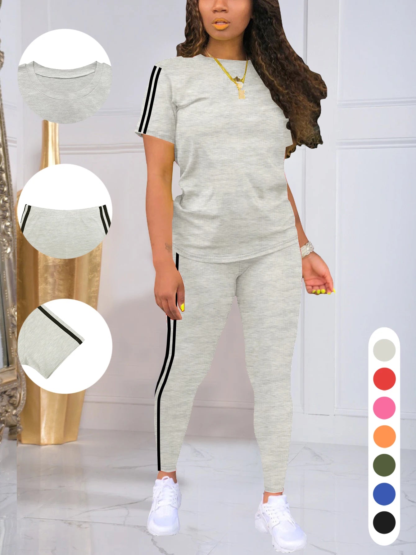 Women's Side-Striped Summer Sportswear Set Short Sleeve Long Pants Breathable Base Layer Clothing Colorful Casual Outfit