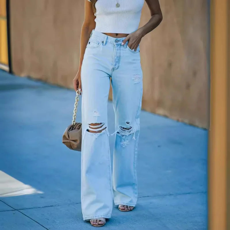 Women's Light Washed Ripped Denim Jeans Casual Trendy High Waist Straight Leg Pants
