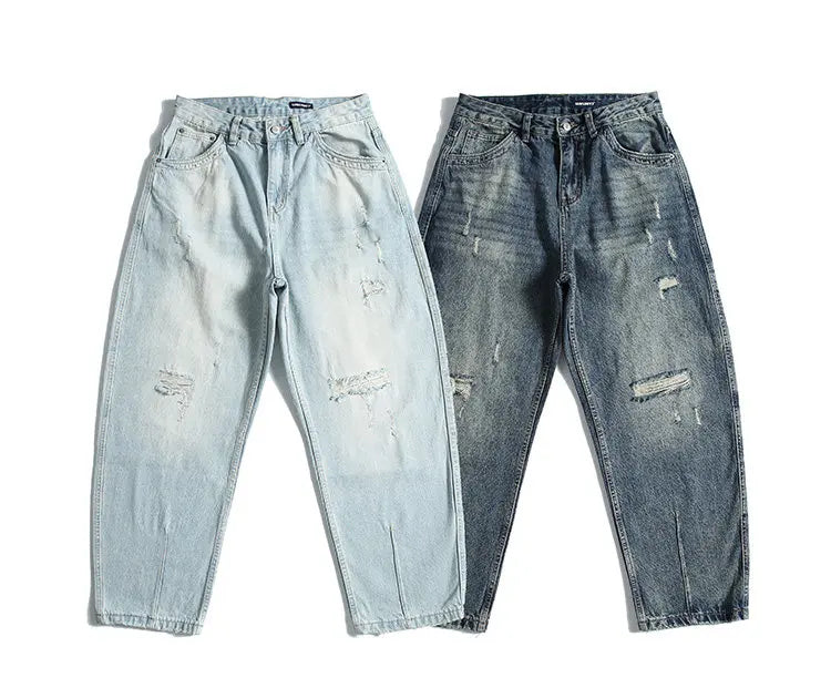 Mens Jeans American Vintage Light Blue Washed Distressed Ripped Patch Baggy Loose Curved Tapered Denim Pants Streetwear Hip Hop