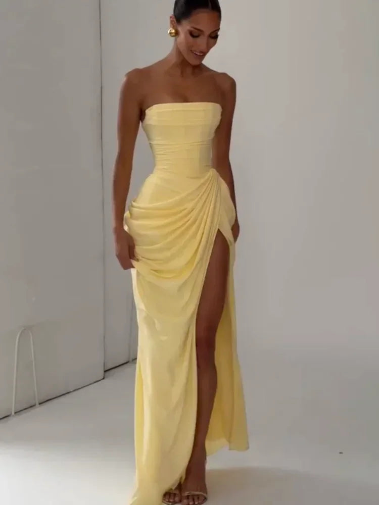 Sexy Women Solid Pleated Strapless Chic Dress Lady V-neck Off-shoulder Backless High Waist Split Vestido 2026 Evening Party Gown