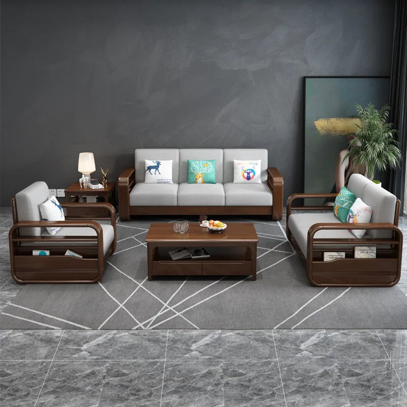 Solid wood sofa combination modern simple Nordic furniture princess living room small apartment wooden cloth armrest storage sof