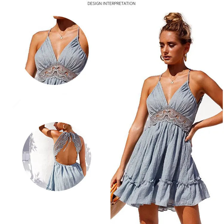 Women's Sexy Backless Lace Spliced Dress Summer V neck Mini Dresses Ladies Fashion Clothes Elegant Evening Dress Drop Shipping