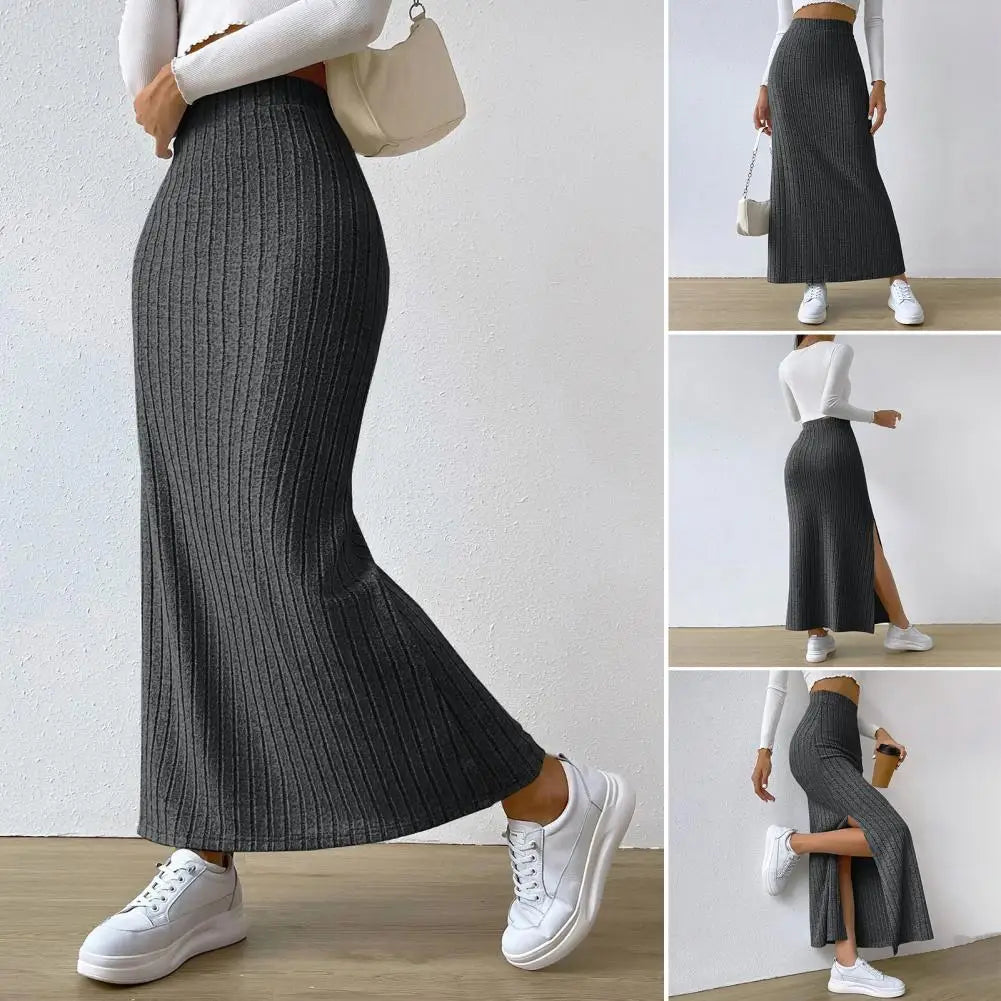 Long Skirt with Side Slits Breathable Maxi Skirt Elegant Ribbed Maxi Skirt with Side Slits High-waisted Solid Color for Autumn