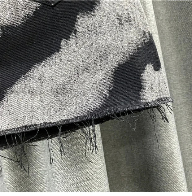 Black Gray Tie Dye Denim Short Skirt High Waist Personalized Pattern Denim Skirt Fringed A-line Skirt Fashion Versatile Skirt
