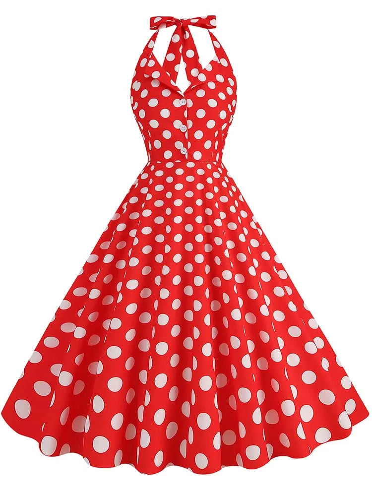 Sexy Retro Polka Dot Halter Dress Women Audrey Hepburn 50s 60s Vintage Gothic Pin Up Rockabilly Clothing