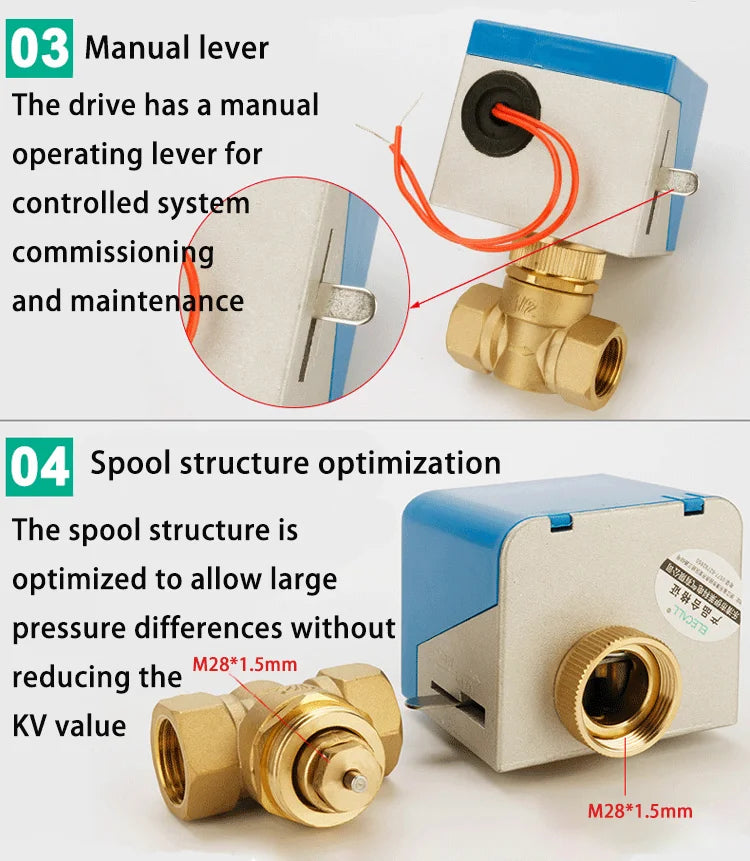 Brass Fan Coil Electric Actuator Central Air Conditioner Three Way Discharge Water Valve