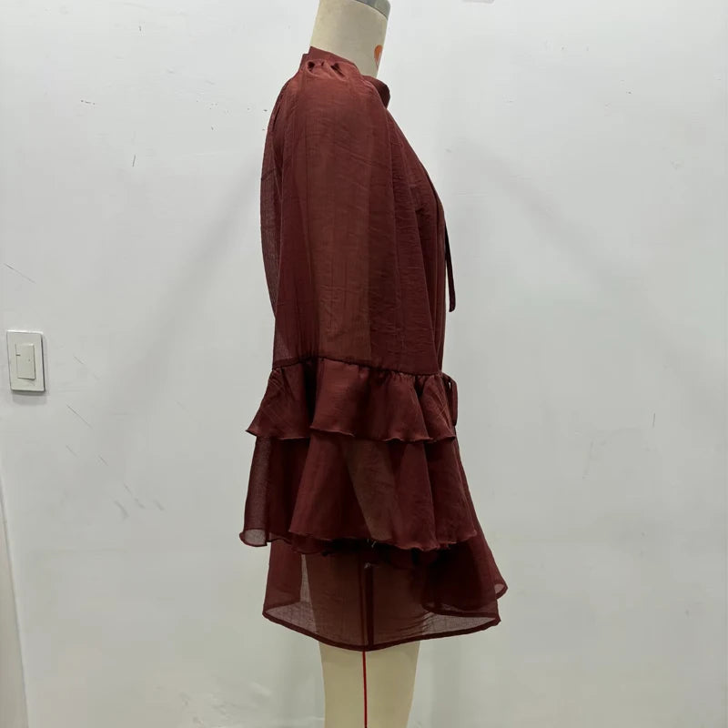 MUJER Ruffle Short Dresses for Women Fairy Ruched Mini Dress Women Spring Semi Sheer Womens Dresses Loose Party Women's Dress