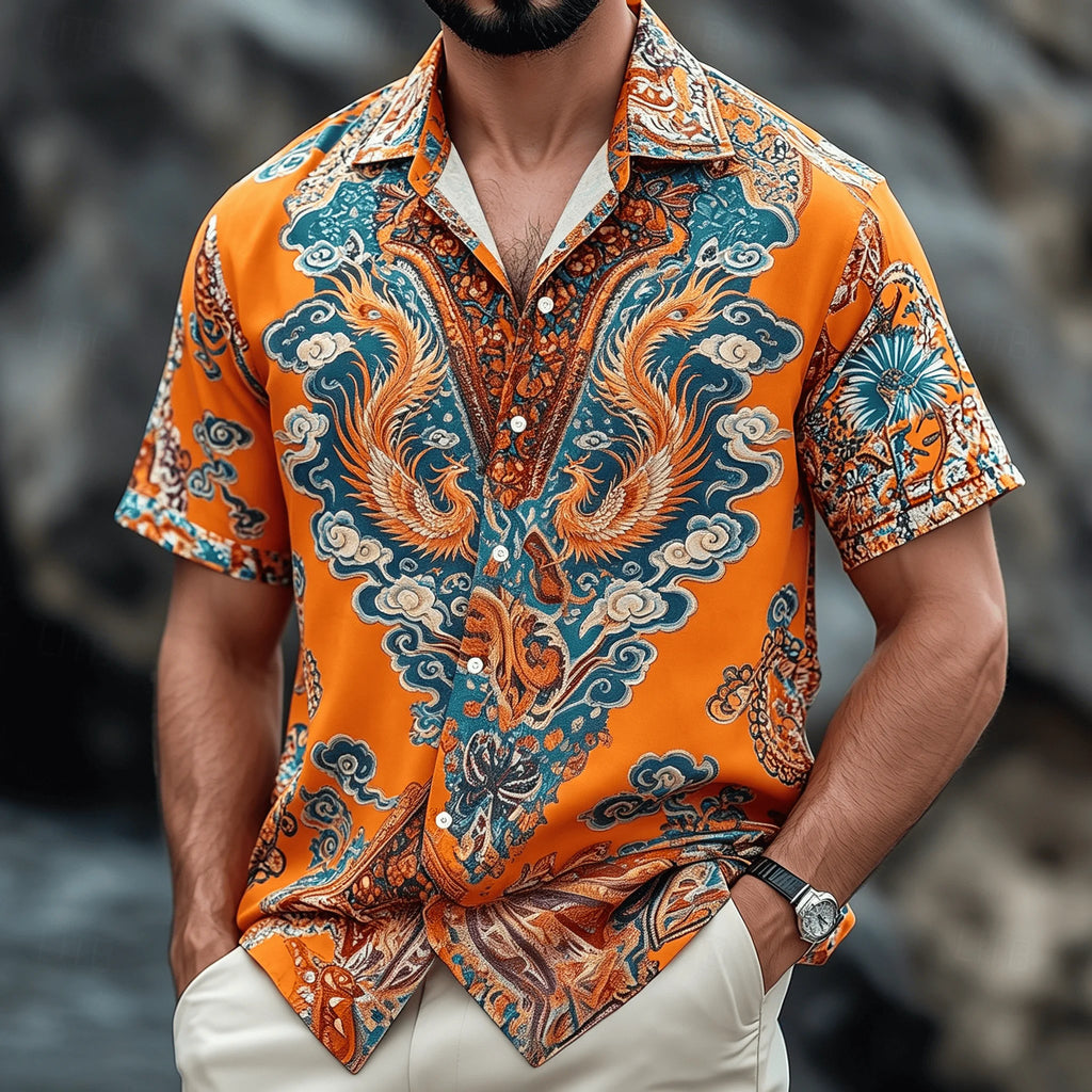 Men's Vintage Boho Paisley Print Short Sleeve Shirt, Retro Ethnic Button-Down Spring Summer Top
