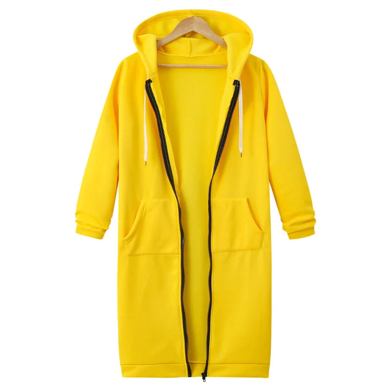 Autumn Winter Women's Hooded Long Sleeve Mid-Length Sweatshirt Fleece Jacket Comfortable Casual Style Polyester Fabric