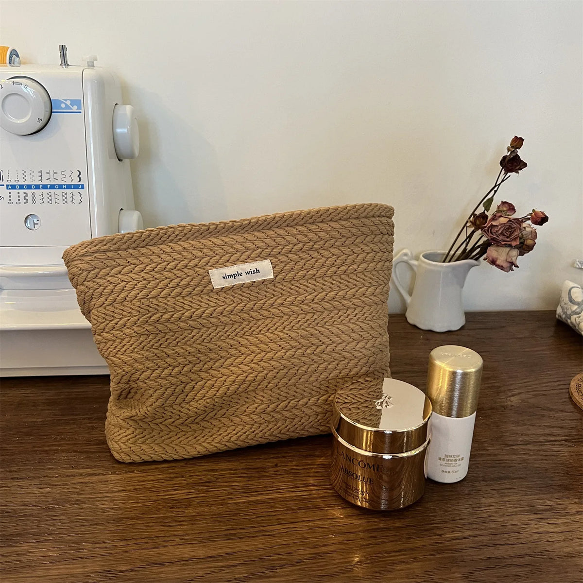 Handwoven Cotton Makeup Bag – Artistic Crochet Cosmetic Pouch with Zipper, Minimalist Clutch for Women