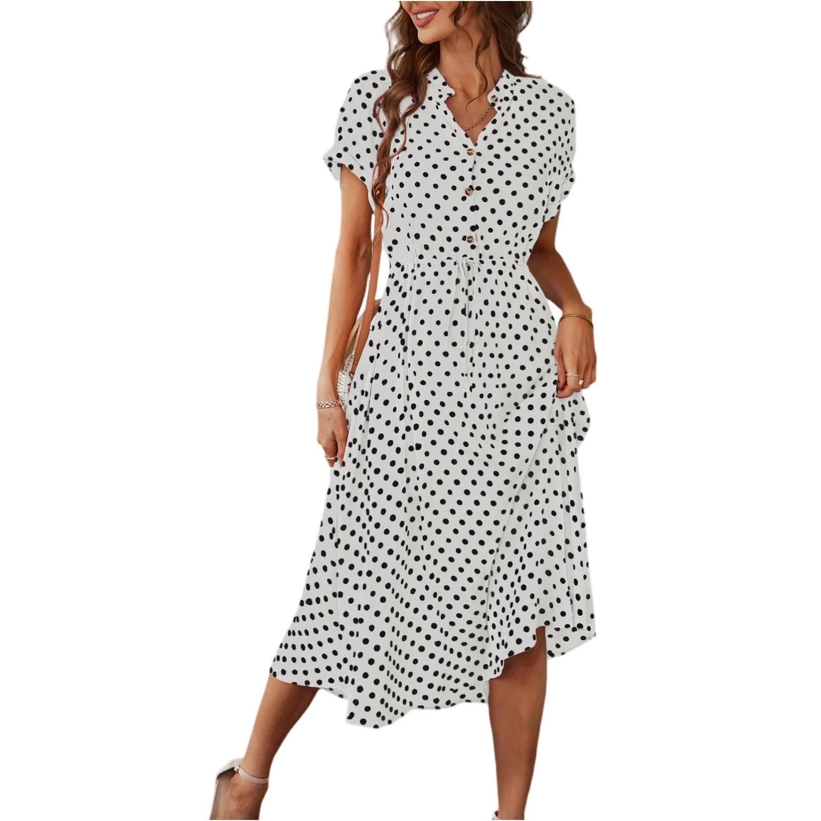 Elegant retro polka dot dress Women's Summer Midi Dress V Neck Single Breasted Short Sleeve Dresses Fashion Print Dress