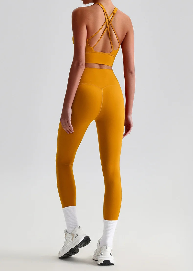 Naked Feel Yoga Set Women Fitness Sportswear 2 Piece Strappy Sports Bra High Waist Gym Leggings Workout Outfit Active Wear