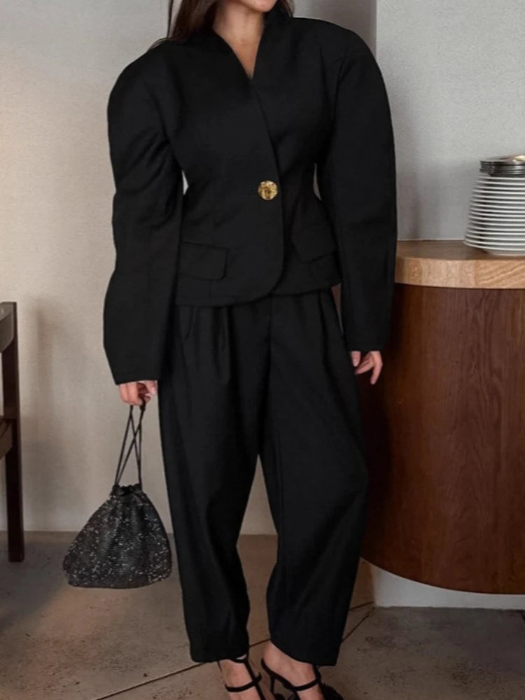 Tossy Solid Commute Suit 2 Piece-Set Women's Pants Puff Sleeves V-Neck Cropped Top And High Waist Pleated Pencil Pants Sets New