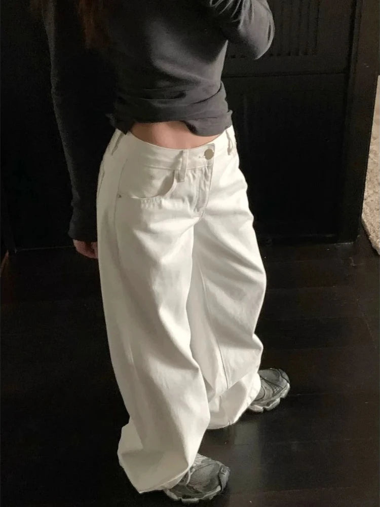 Summer Women's White High Waisted Wide Leg Jeans Premium Draped Effortless Chic Loose Straight Leg Denim Pants for Daily Office