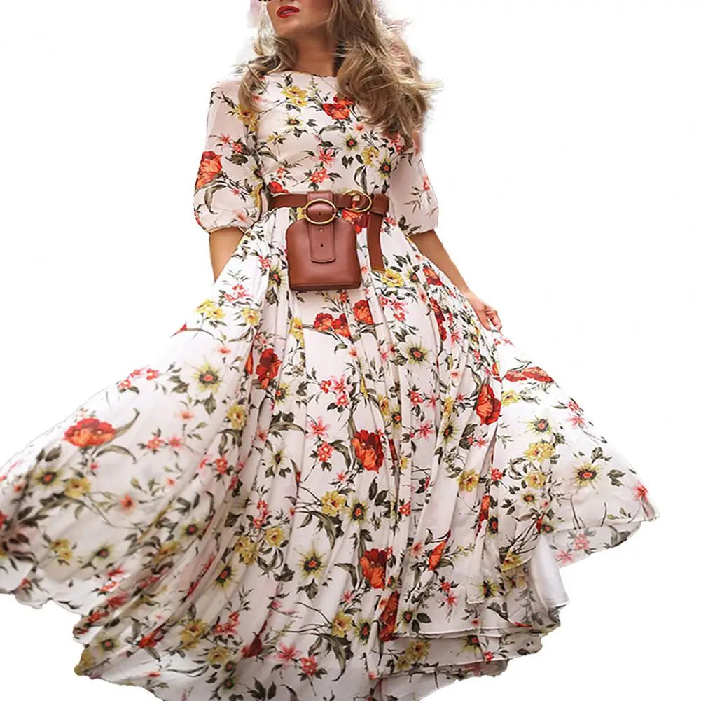 Women Printed Chiffon Dress Elegant Floral Maxi Dress for Women A-line Silhouette with High Waist Half Sleeves for Spring Fall