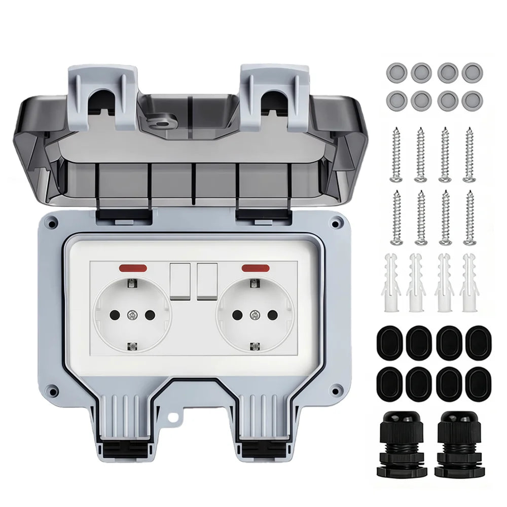 Waterproof Outdoor Socket,Double Power Outlet with Protective Cover ,Dustproof Windproof Socket,Wall-Mounted Garden Power Outlet