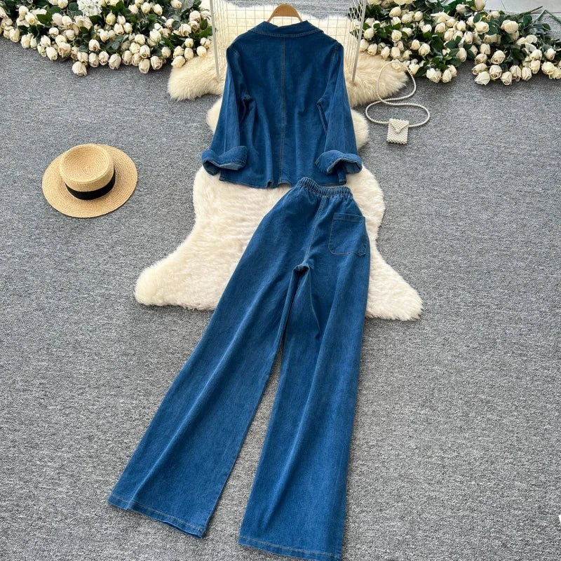 Vintage Denim 2 Piece Sets Women Outfit Spring Clothes Women 2026 Long Sleeve Shirt Top Straight Jeans Pant Set Cowboy Woman Set