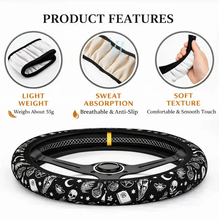 [Anti-Slip Car Protector] 15 Inch Universal Skull And Moon Steering Wheel Cover 1pc All-Season Anti-Slip Durable Car Protector,
