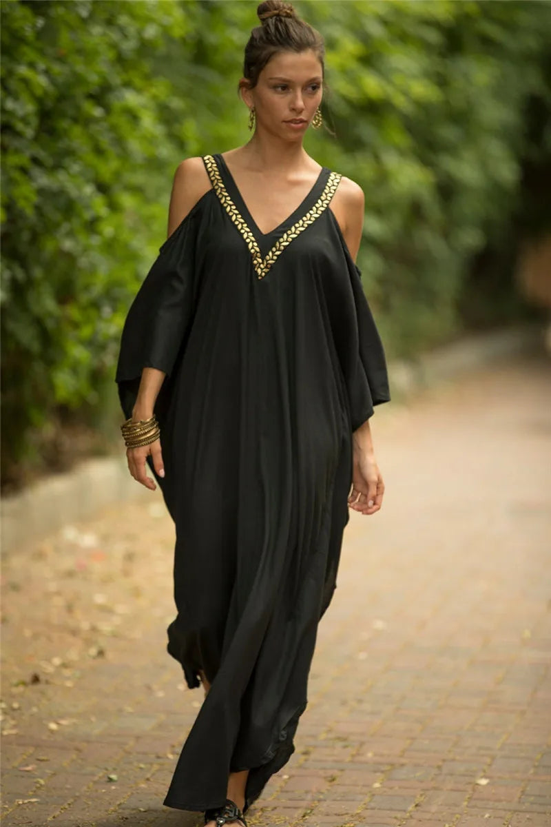 2026 New Black Gold Beaded Cold Shoulder Kaftan Maxi Dress V Neck Batwing Loose Side Slit Beach Cover Up Caftan Women Long Dress