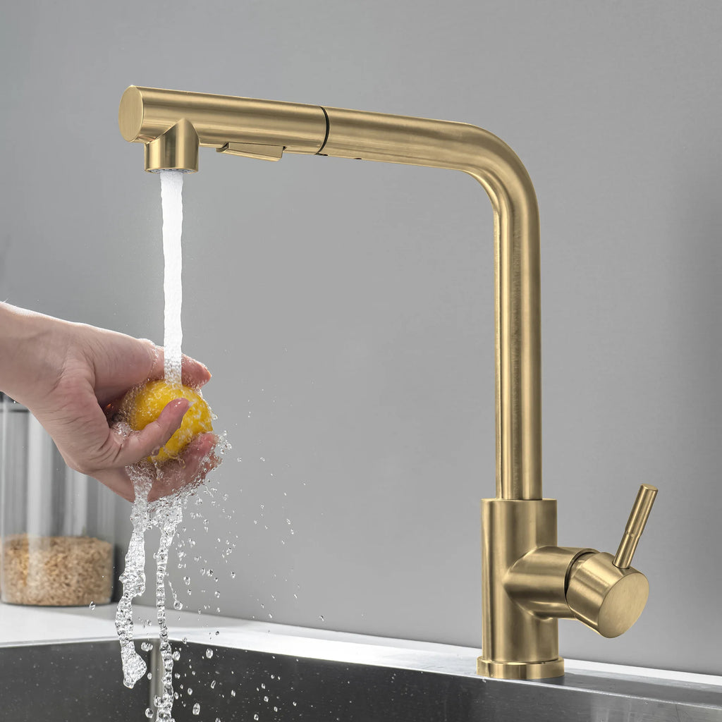 Stainless Steel Kitchen Sink Faucet Pull Out Sprayer Hot Cold Water Mixer Tap Deck Mounted Single Hole Modern Kitchen Tap