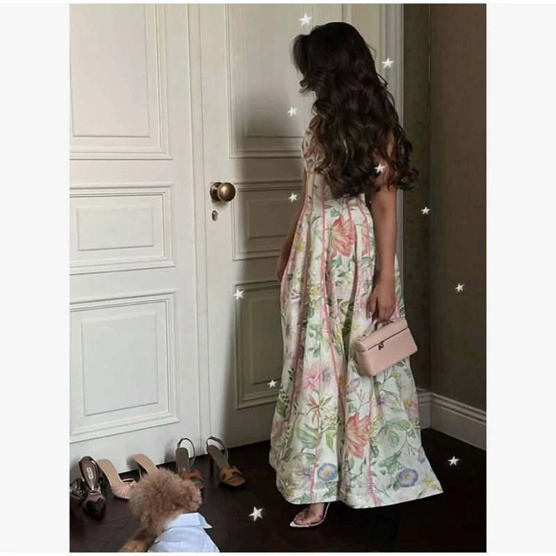 Elegant Floral Print Halter Dress Women Sleeveless Waist-closed A-line Dresses 2026 Spring Summer Fashion Female Vacation Robe