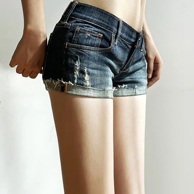 Summer New Women Low Waist Denim Shorts Pants Girls Korean Slim Fit Hot Pants Female Elastic Sexy Deep Blue Hip Wrapping Jeans