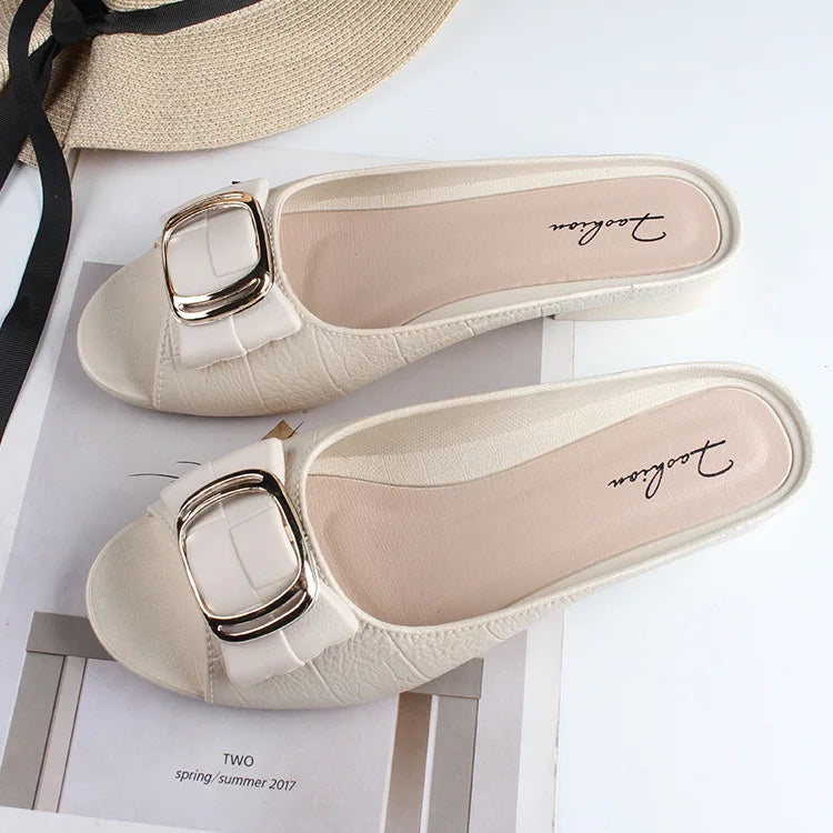 Summer Women Square Buckle Open-Toe Slippers Single Strap Flat Sandals Lady Solid Color Outdoor Beach Shoes Adult Casual Sandals