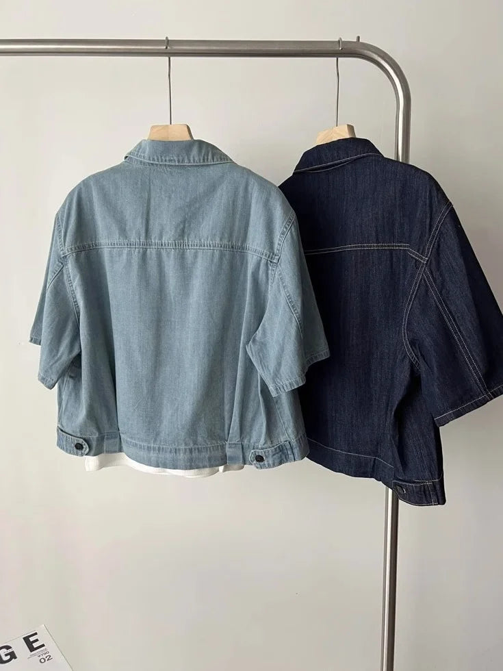 Retro Thin Casual Denim Short Sleeve Jacket Women 2025 Summer High-End Elegance Top Denim Shirt  Female