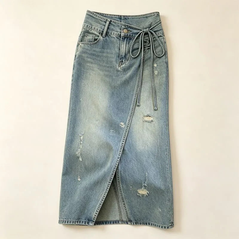 Side Slit Denim Long Skirts Womens Summer Vintage Floral Embroidery Jeans Pencil Skirt Bandage High Waist Women Long Skirt