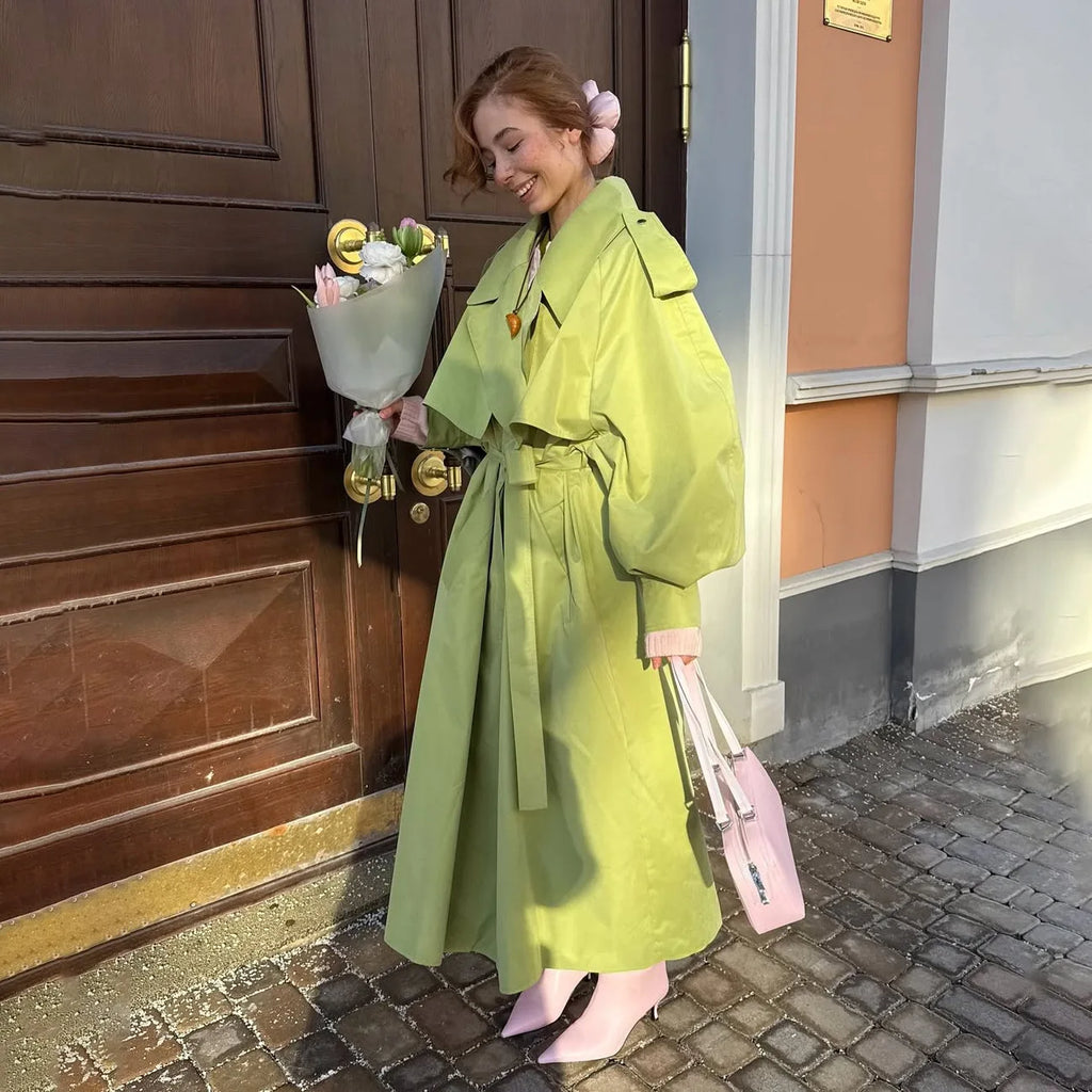 Women Green Oversized Belt Overcoat Elegant Long Sleeve Pleated Lapel Lace Up Windbreaker Autumn Lady Daily Street Outerwears