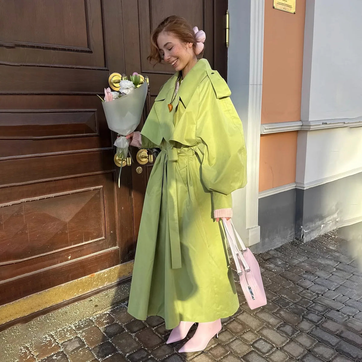Women Green Oversized Belt Overcoat Elegant Long Sleeve Pleated Lapel Lace Up Windbreaker Autumn Lady Daily Street Outerwears
