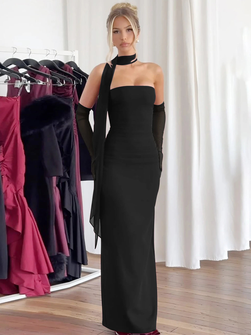 Hugcitar Elegant Scarf Strapless Solid Mesh Gloves Sexy Bodycon Maxi Prom Dress Women Fashion Y2K Outfits Wedding Party Birthday