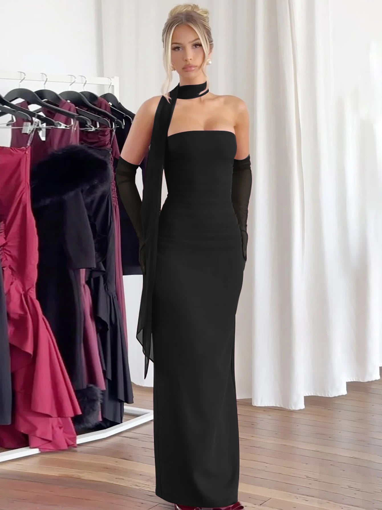 Hugcitar Elegant Scarf Strapless Solid Mesh Gloves Sexy Bodycon Maxi Prom Dress Women Fashion Y2K Outfits Wedding Party Birthday