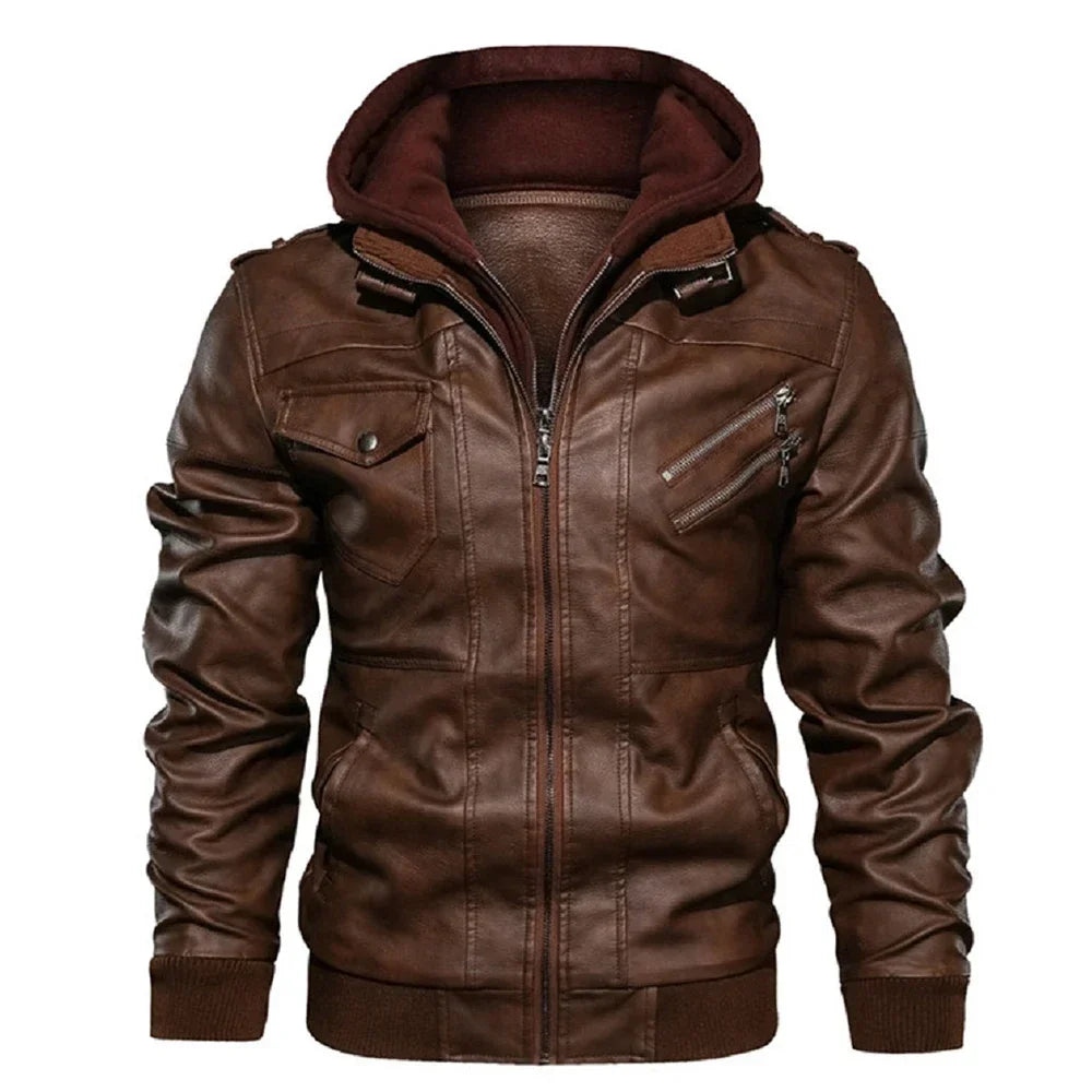 New Men's Hooded Leather Jackets Autumn Winter Casual Zipper Motorcycle PU Jacket Biker Leather Coat Hat Detachable Punk Outwear