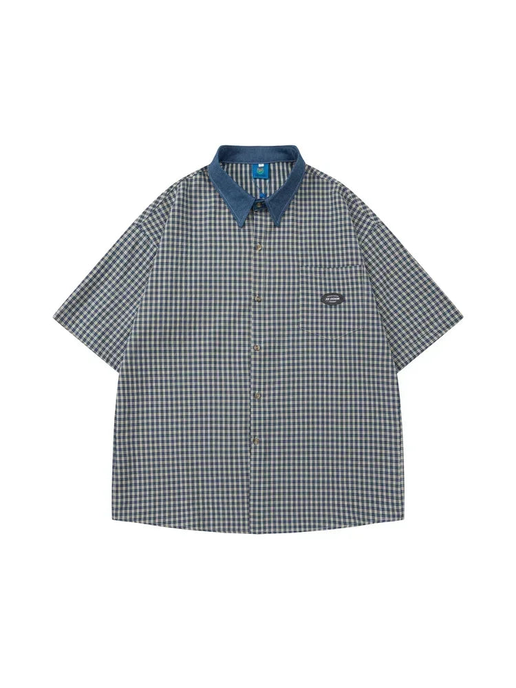 Sycpman American Style Retro Contrast Checkered Short Sleeved Shirts for Men and Women Trendy Loose Casual Shirt