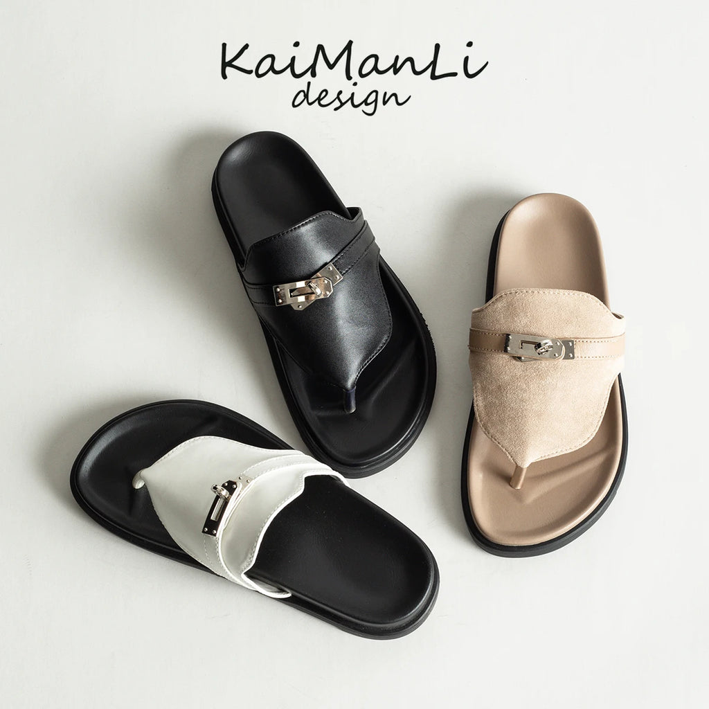 British Style Thick Bottom Slip-On Sandals Women Summer Foot-Strap Leather Half Slippers Beach Flat Heel Casual Shoes