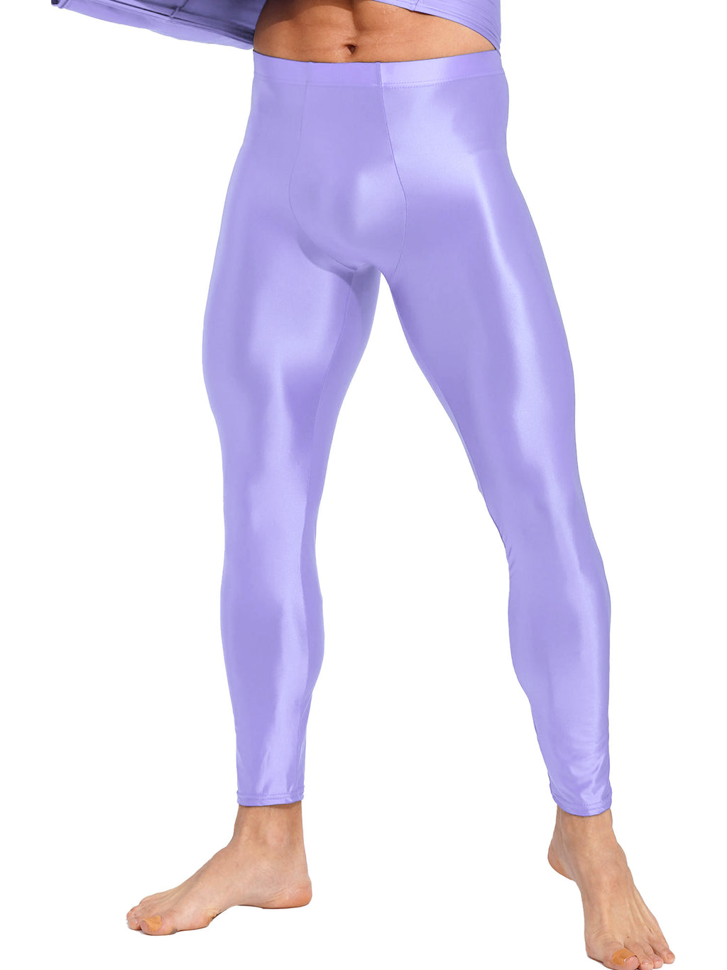 Men Elastic Waistband Skinny Shiny Yoga Tights Pants Solid Color Leggings Exercise Running Gym Fitness Training Sportswear