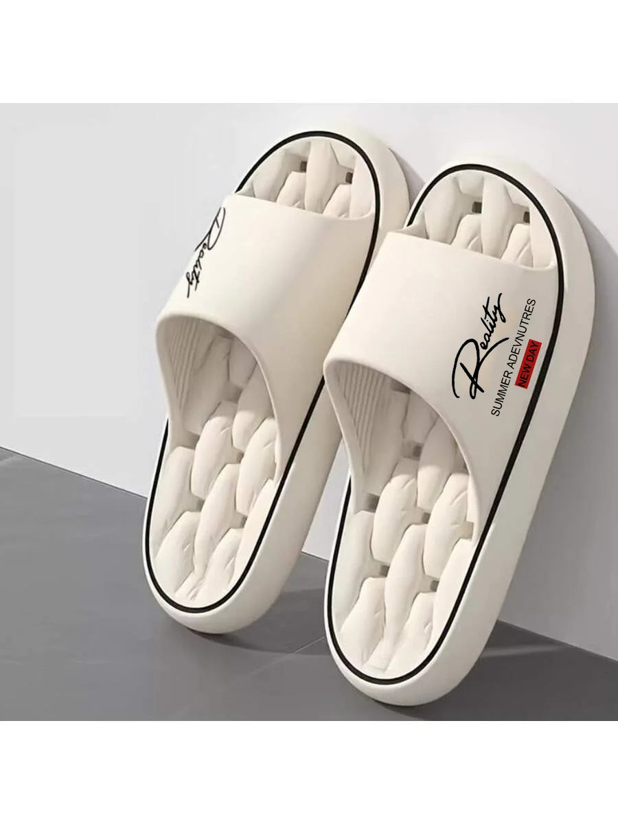 Unisex Ins-Style Reality Print Sandals with Thick Soles, Hollow Design, Quick-Drying, Suitable for Home and Bathroom, Versatile Couple's Slip-On Sandals