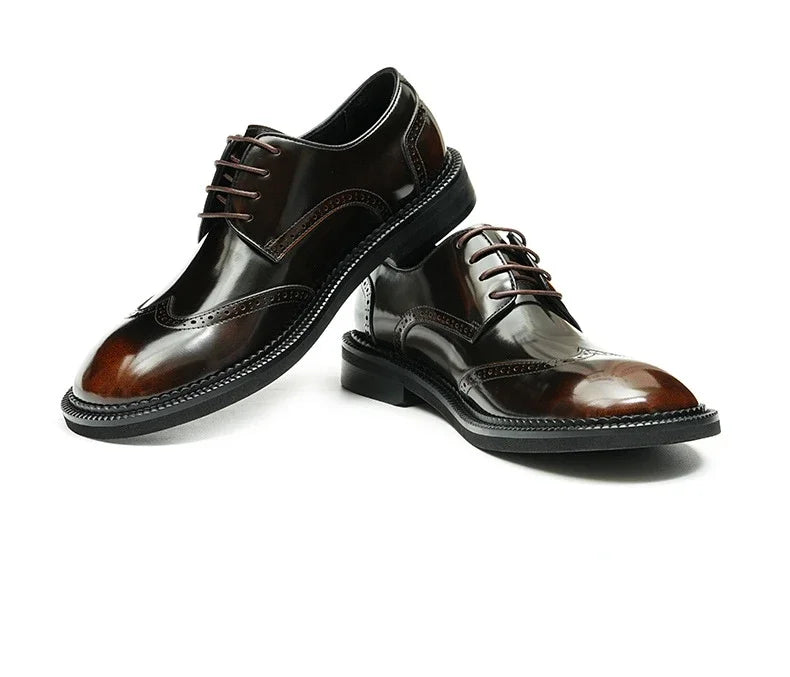 Retro Mens Dress Brogues Shoes Luxury Genuine Leather Round Toe Handmade Fashion Flat Autumn Black Wedding Social Shoes Man 2025