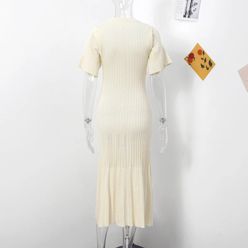 Elegant Solid Knitted Long Dress For Women Fashion O Neck Short Sleeve Single Breasted Female Robes 2024 Autumn New Lady Dresses