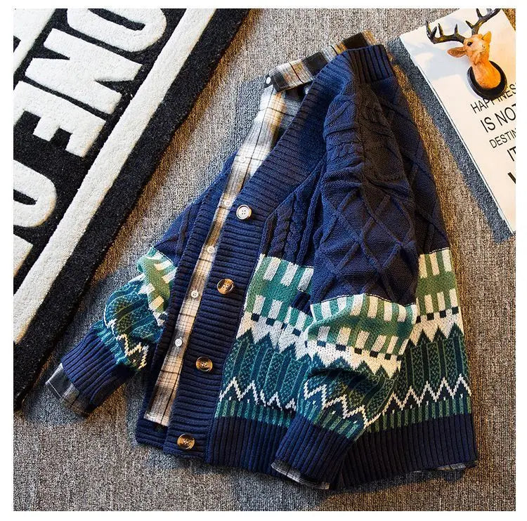 2023 New Autumn and Winter Retro Patchwork Diamond V-neck Color Matching Loose and Handsome Casual Knitted Cardigan for Men