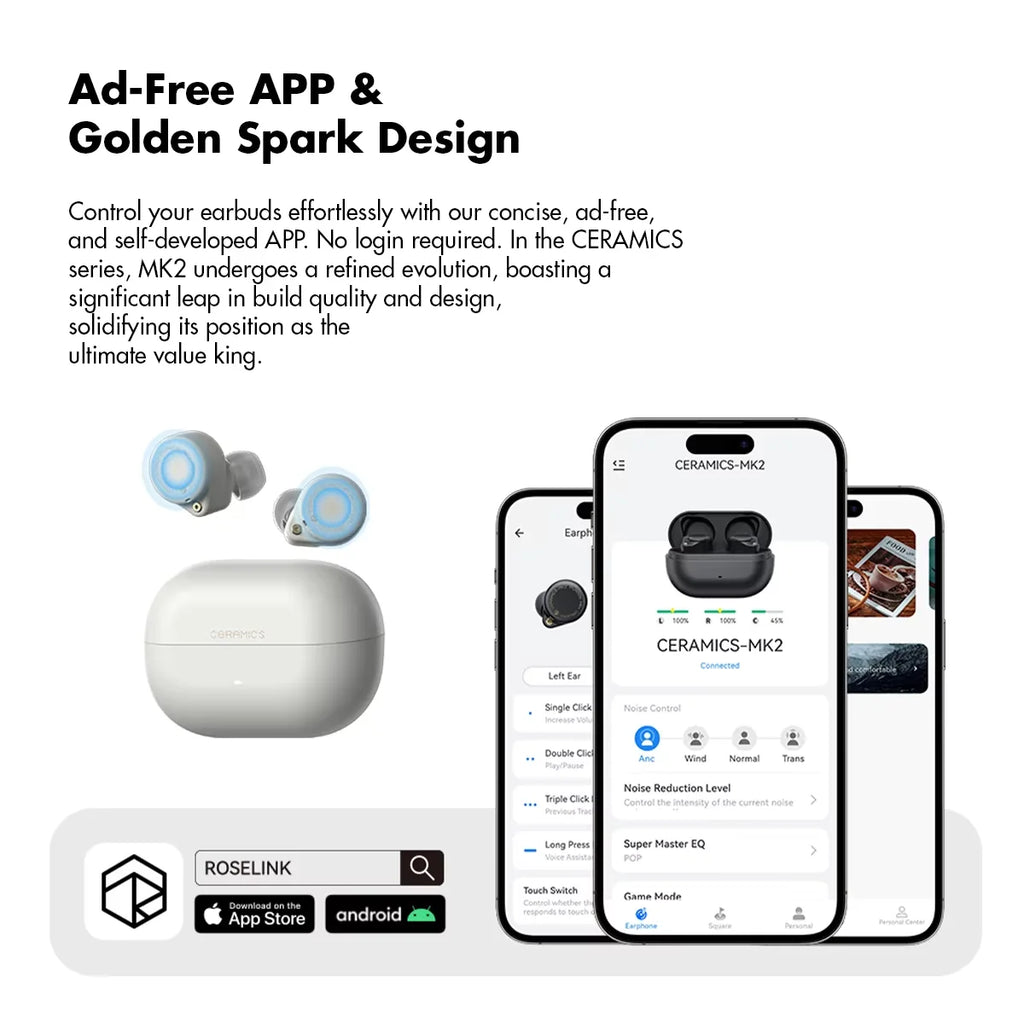 CERAMICS MK2 TWS Earbuds, 40dB ANC, Bluetooth 6.0, Hi-Res LDAC, IPX4 Sweatproof, 45H Playtime, HD Mics, Game Mode, Dual Connect