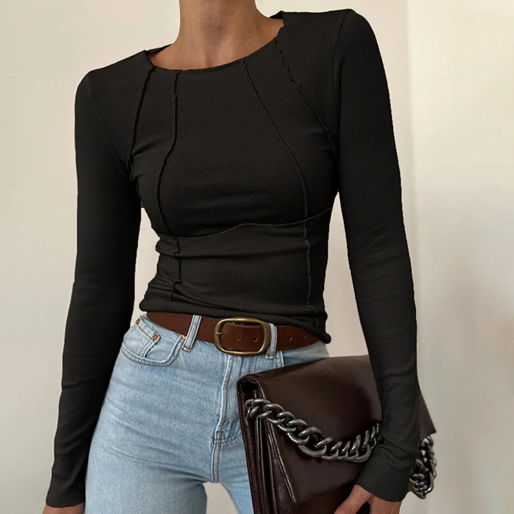 2025 Lady shirt Fall Winter Women's Slim Fit Casual Round Neck Basic Pullover Chest Shape Stitching Long Sleeve Sports Shirt