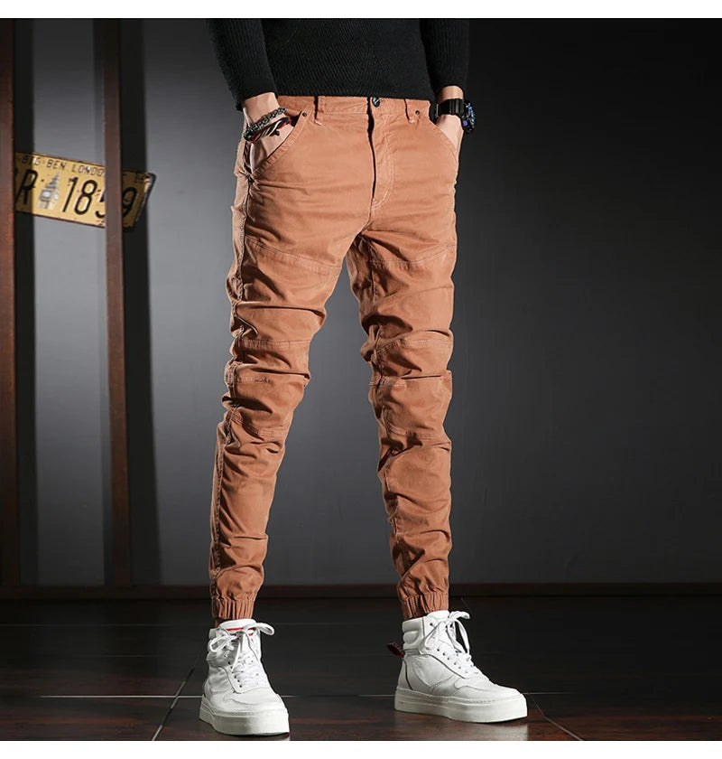 Streetwear Fashion Men Jeans Elastic Stretch Slim Fit Spliced Designer Casual Cargo Pants Hombre Hip Hop Joggers Men Overalls