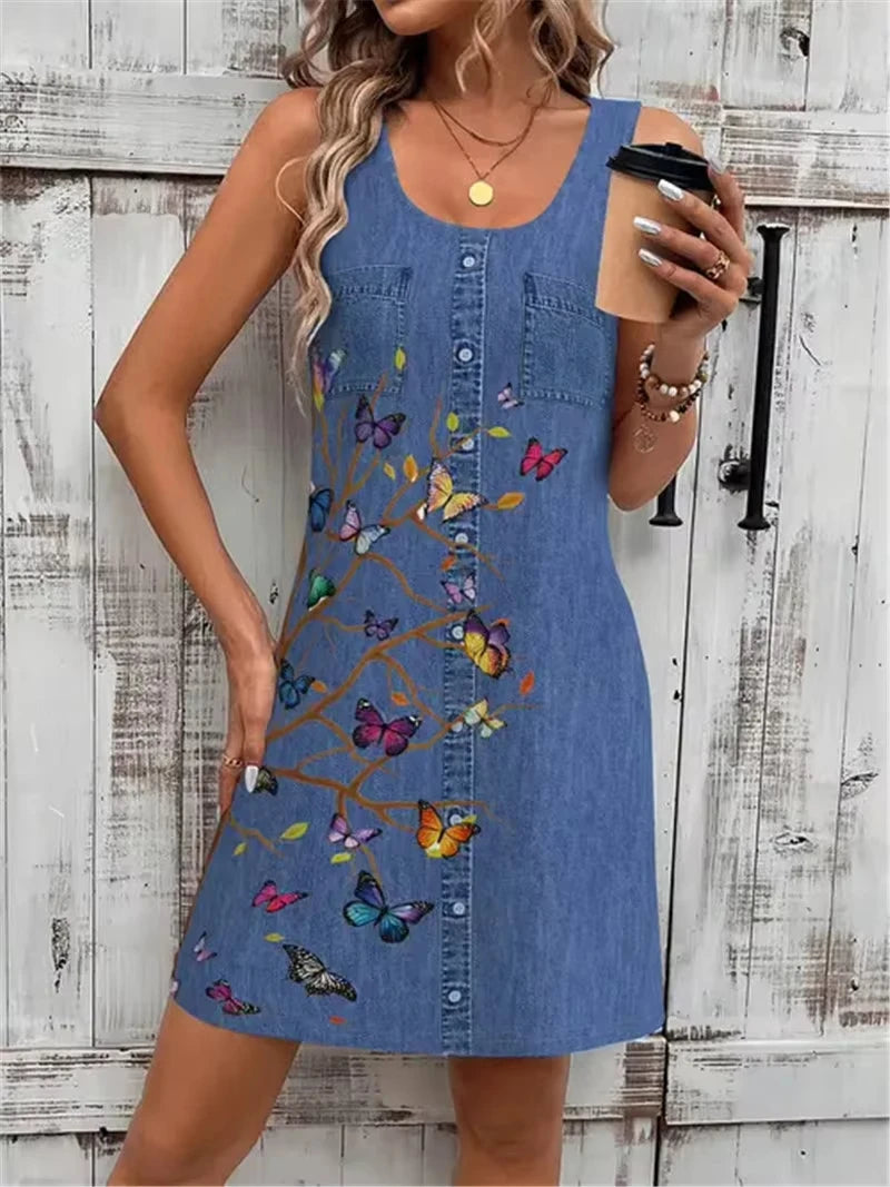 Women's Dress 26 Summer Stylish Vacation Daily Holiday Loose Fit Floral Sleeveless Crew Neck 3D Print Mock Pocket Dress Top