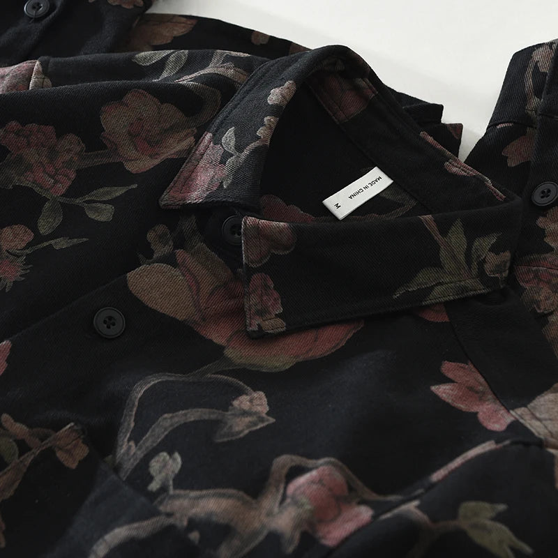 2025 Autumn New Casual Floral Print Shirt for Men Cotton Loose Long Sleeve Rose Denim Shirts Fashion Men's Clothing